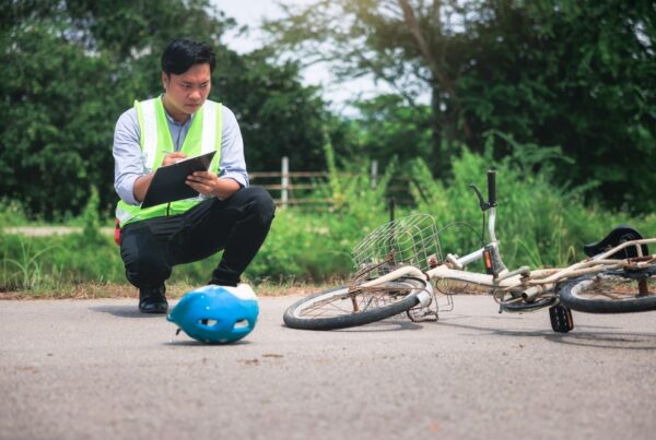 A man wearing a safety vest kneels next to a bicycle, focused on maintenance or inspection tasks.