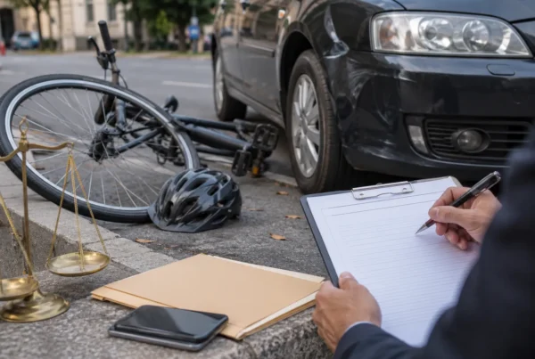 Alt text: A bicycle accident claim scene shows a damaged bicycle and helmet lying near a dented car on an urban street. In the foreground, a person fills out a blank form on a clipboard beside a phone, file folder, and small scales of justice, representing legal and insurance claims after a bicycle crash.