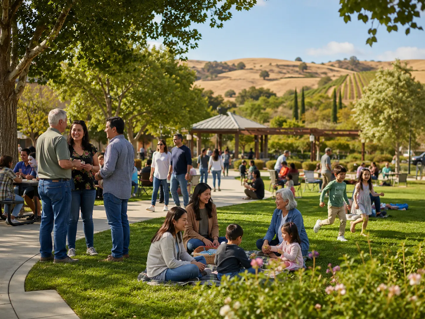 A diverse Livermore community gathering in a sunny park, with families, children, and older adults socializing, picnicking, and playing against a backdrop of green vineyards and rolling golden hills.
