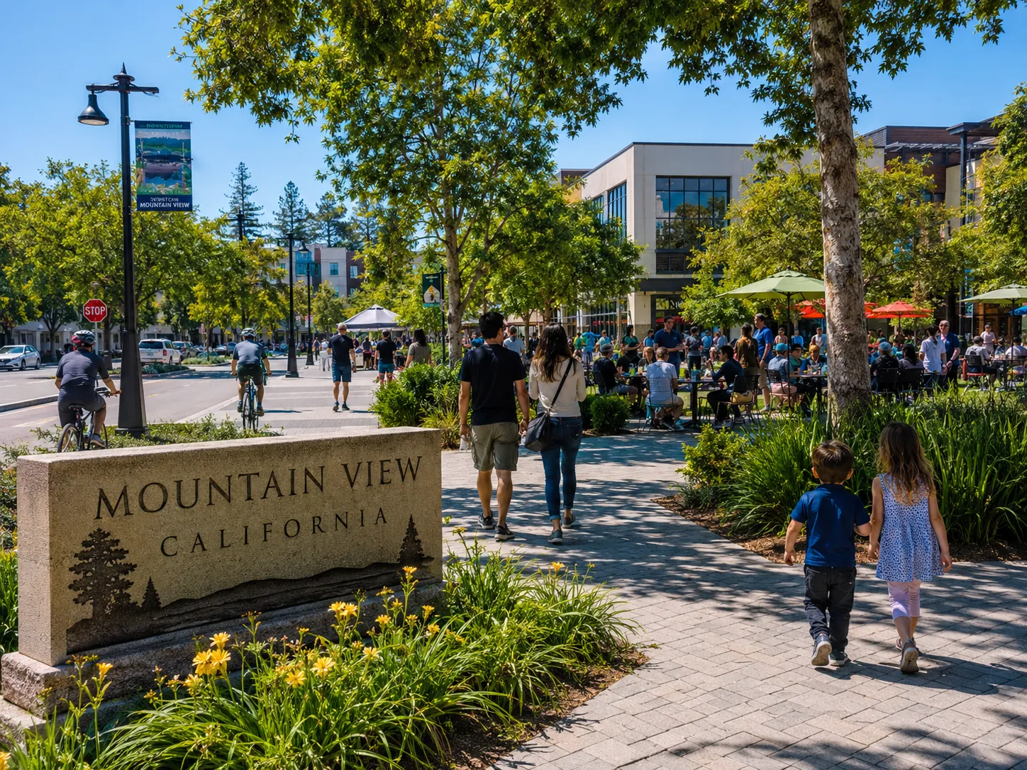 Mountain View, California community plaza with people walking, cyclists, outdoor seating, children, green landscaping, trees, and a stone Mountain View sign on a sunny day.