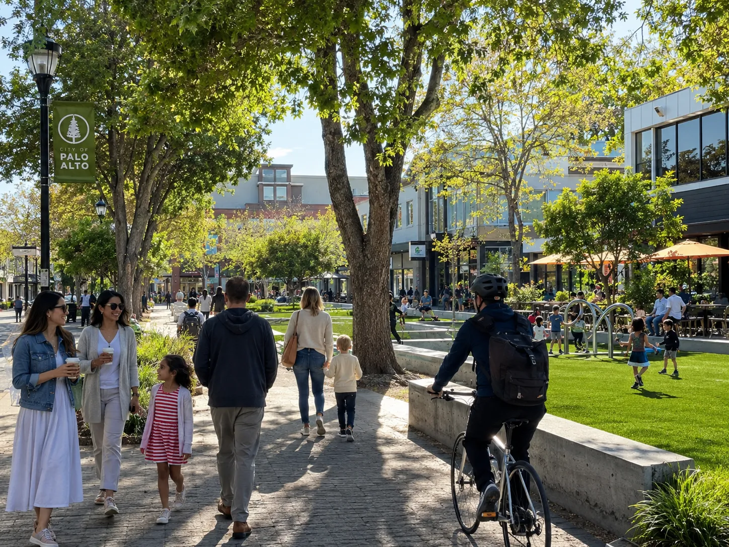 A sunny Palo Alto community scene showing people walking, biking, chatting, and children playing in a tree-lined park plaza with storefronts, outdoor seating, and green space.