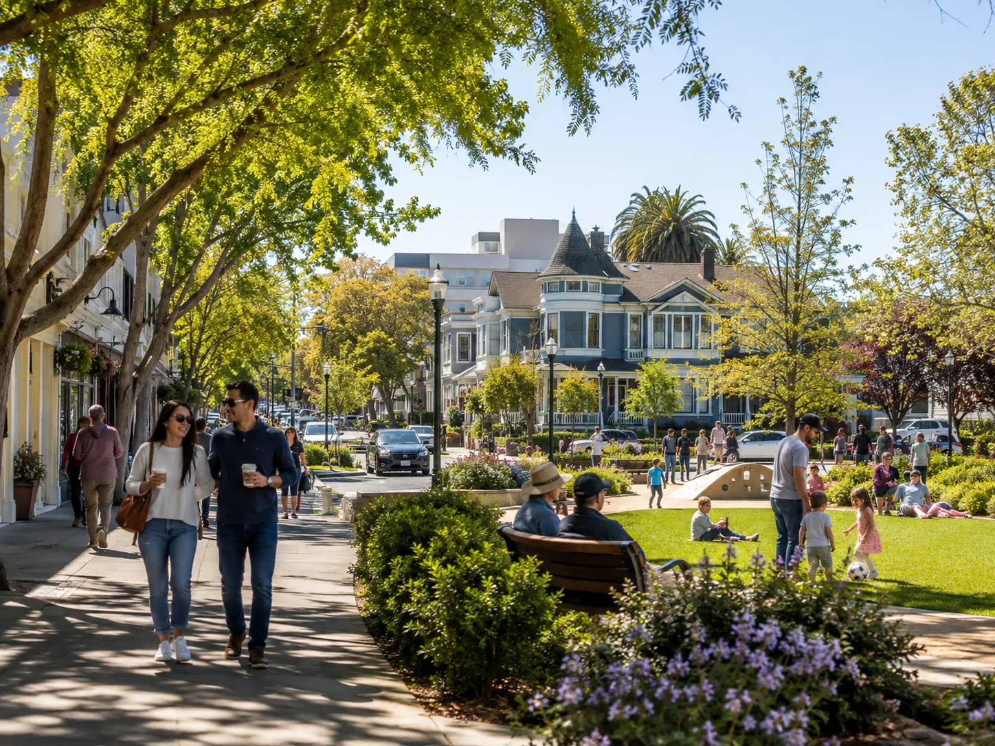 Redwood City community scene with people walking along a tree-lined sidewalk, families relaxing in a sunny park, historic-style homes, landscaped greenery, and a bright neighborhood atmosphere.