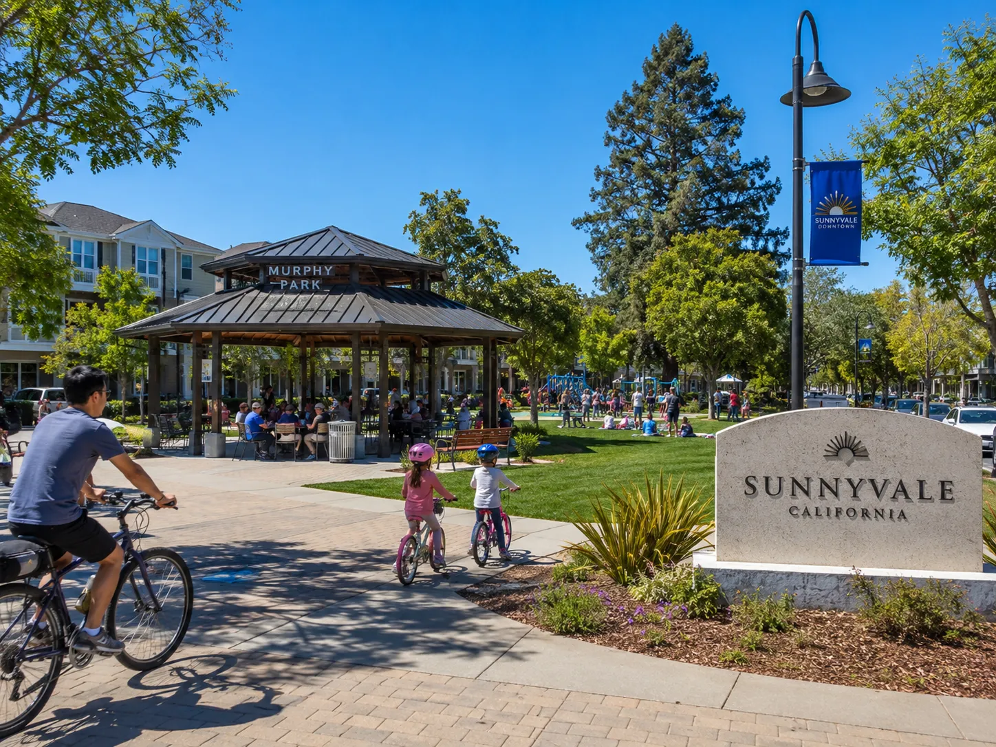 Sunnyvale community park scene with families, children on bicycles, people gathered near a pavilion, green lawns, trees, and a Sunnyvale California sign under a bright blue sky.