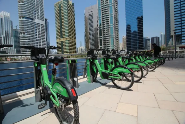 A row of green bicycles parked closely together in an outdoor setting.