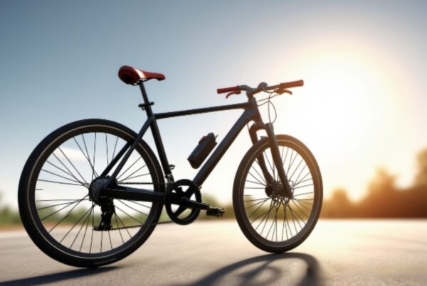 A sleek black bicycle is illuminated by the warm glow of a sunset on an open road, conveying a sense of freedom, adventure, and serenity.